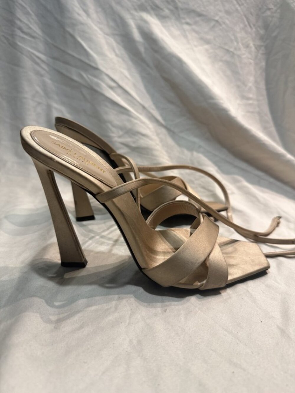 Saint Laurent Lydia 110 Nude Satin Ankle Wrap Sandal Heels EU 38 US 8